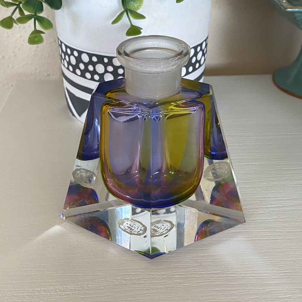 Vintage Irice Heavy Cut Glass Rainbow Perfume Bottle purple blue yellow